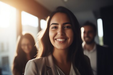 Fototapeta premium Smiling Confident Woman in Suit at the Office: Female Executive Success, Generative AI