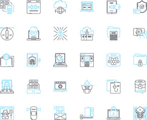Nerk protection linear icons set. Security, Firewall, Encryption, Privacy, Defense, Shielding, Antivirus line vector and concept signs. Safety,Protection,Blocker outline illustrations