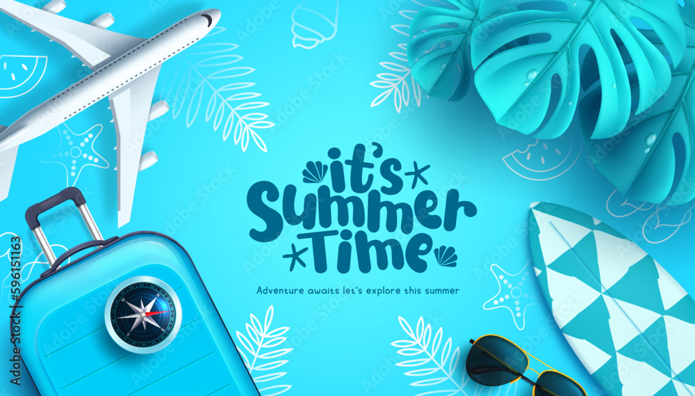 Wall mural summer time text vector design. it's summer time with travel vacation and outdoor beach elements. ve - Wall murals