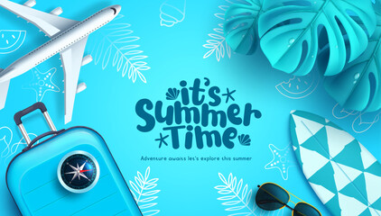 Summer time text vector design. It's summer time with travel vacation and outdoor beach elements. Vector illustration in blue background.  - obrazy, fototapety, plakaty