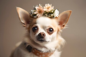 Chihuahua with flower crown portrait generated with Generative AI technology