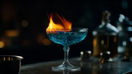 Blue Blazer cocktail flambé on fire generative IA