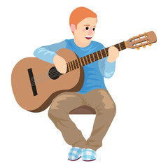 Cute boy with guitar on white background