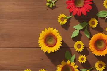 Flowers on a Wooden Table. Spring Colors. Made with Generative AI.