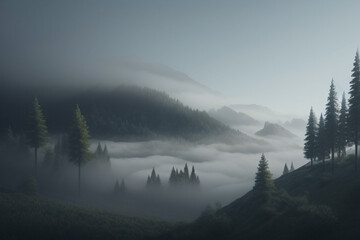 Foggy Mountain Forest Scene. Gloomy. Made with Generative AI.