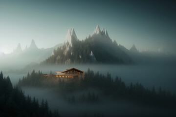 Foggy Mountain Forest Scene. Gloomy. Cozy Cabin. Made with Generative AI.