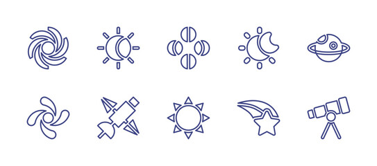 Astronomy line icon set. Editable stroke. Vector illustration. Containing black hole, eclipse, moon phase, day and night, saturn, galaxy, satellite, sun, star, telescope.