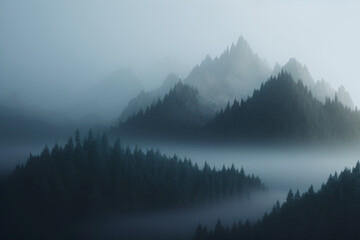 Foggy Mountain Forest Scene. Gloomy. Made with Generative AI.