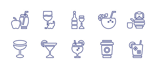 Beverage line icon set. Editable stroke. Vector illustration. Containing apple juice, wine, wine bottle, coconut, matcha, glass, gimlet, cocktail, coffee cup, tequila.