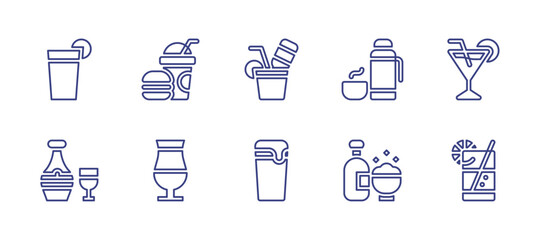 Beverage line icon set. Editable stroke. Vector illustration. Containing beverage, fast food, cocktail, thermo, bottle, beer, lemonade.