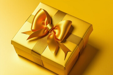 Gift Wrapped Present on Yellow Background, Made with Generative AI.