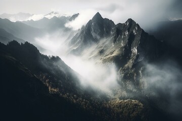 Misty atmosphere hovering over the mountainous terrain. Generative AI