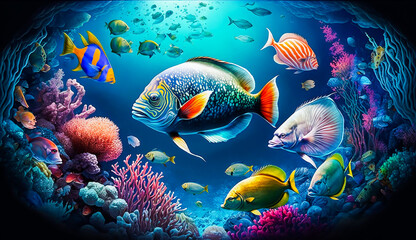 Fototapeta na wymiar group of colorful fish and sea animals with colorful coral underwater in ocean, Generative AI