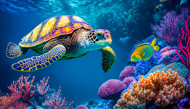 turtle with group of colorful fish and sea animals with colorful coral underwater in ocean, Generative AI