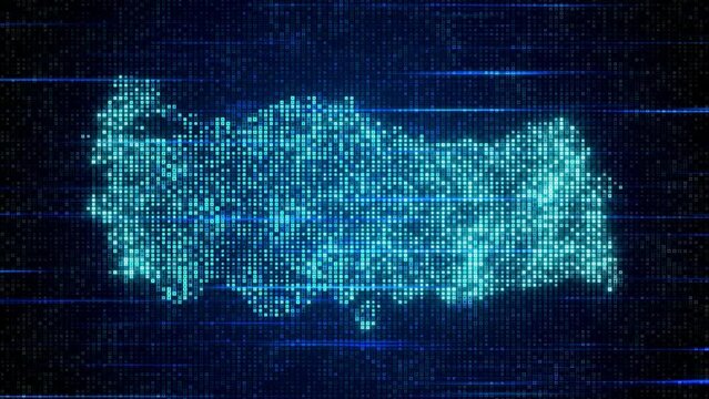 Abstract Futuristic Blue Shinny Twinkle Digital Hud Square Elements Mosaic Grid Map Of Turkey Flat Screen With Horizontal Light Streaks, Seamless Loop