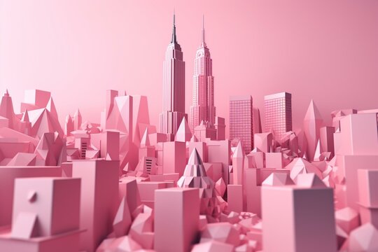 Low poly 3D image of a pink minimalist cubist New York City. Generative AI