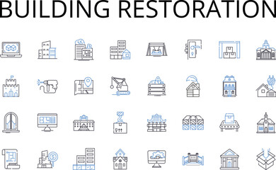 Building restoration line icons collection. Home refurbishment, Structure reconstruction, Property renovation, Facility rehabilitation, Infrastructure renewal, Dwelling improvement, Establishment
