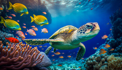 turtle with group of colorful fish and sea animals with colorful coral underwater in ocean, Generative AI - obrazy, fototapety, plakaty