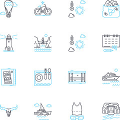 Jungle excursions linear icons set. Adventure, Nature, Wildlife, Trekking, Canopy, Safari, Rainforest line vector and concept signs. Fauna,Flora,Hiking outline illustrations