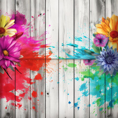 Square wooden background with colorful flowers in watercolor paint with Generative AI Technology