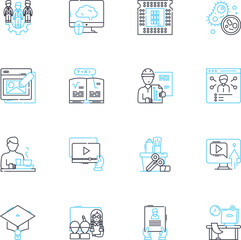 Pedagogical aspects linear icons set. Curriculum, Teaching, Learning, Education, Assessment, Instruction, Methodology line vector and concept signs. Lesson,Evaluation,Knowledge outline illustrations