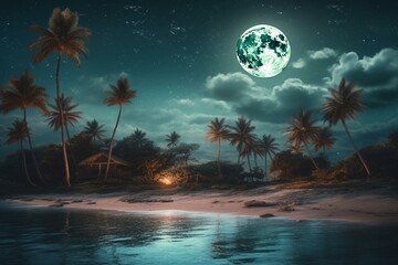 Fototapeta na wymiar A vintage style digital painting of night beach landscape on island with full moon, glowing, birds, trees and plants. Generative AI