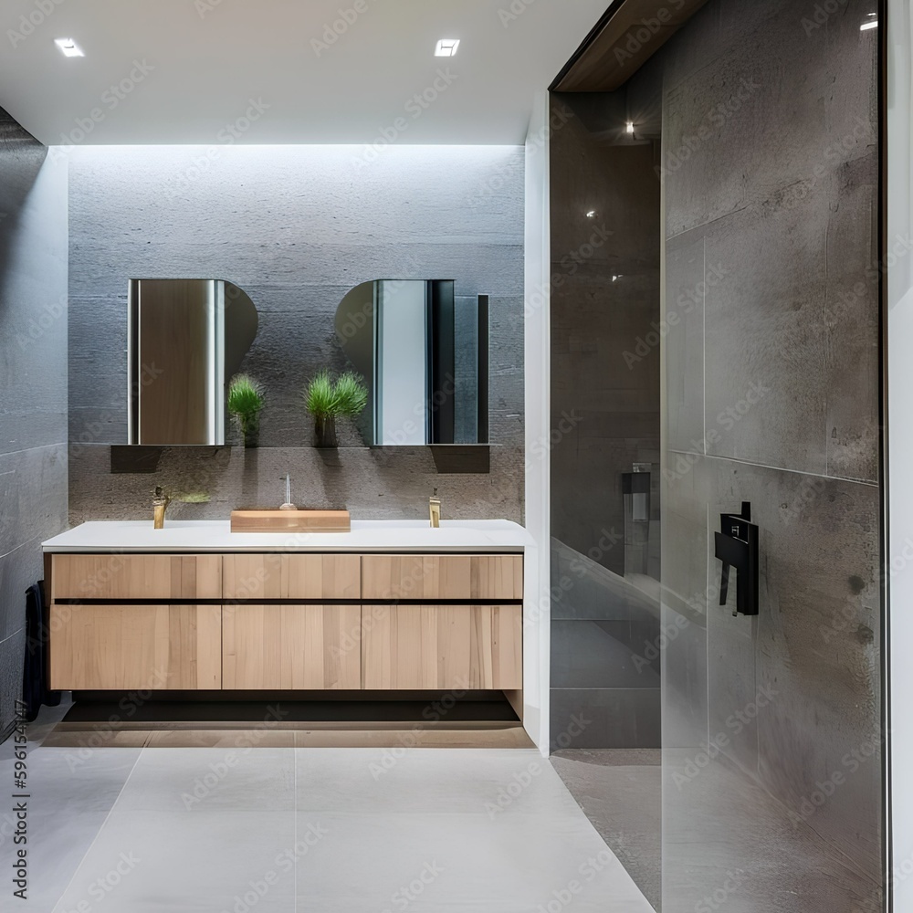 Wall mural 18 A contemporary, minimalist bathroom with a mix of white and natural wood finishes, a large, frameless mirror, and a mix of open and closed storage3, Generative AI