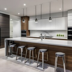 16 A sleek, modern kitchen with a mix of white and stainless steel finishes, a large island with seating, and a mix of open and closed storage5, Generative AI