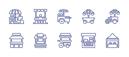 Street market line icon set. Editable stroke. Vector illustration. Containing food stall, food cart, fish market, stand.