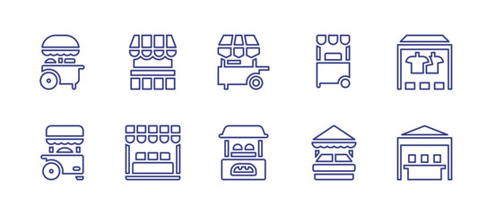 Street market line icon set. Editable stroke. Vector illustration. Containing food cart, market, snack booth, clothes, food stall, bakery, food stand.