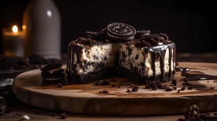 Fototapeta na wymiar Oreo cheesecake with melted chocolate icing on a wooden plate, closeup photography wallpaper, horizontal format 16:9. Generative AI