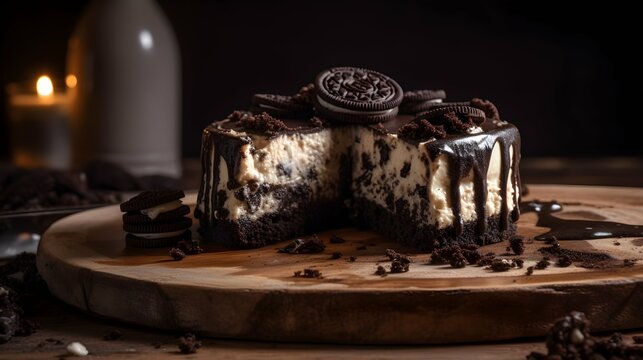 Oreo cheesecake with melted chocolate icing on a wooden plate, closeup photography wallpaper, horizontal format 16:9. Generative AI