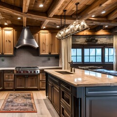 10 A cozy, rustic kitchen with a mix of wooden and stone finishes, a classic range hood, and a mix of open and closed storage5, Generative AI