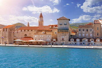 Fototapeta na wymiar Trogir town panoramic view. UNESCO world heritage site panoramic view in Dalmatia, Croatia, tourist destination. View of sea coast in Trogir town with colorful houses