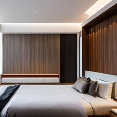 3 A contemporary, minimalist bedroom with a mix of white and wooden finishes, a low platform bed, and a large, abstract painting1, Generative AI
