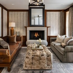 17 A traditional-style living room with a mix of wooden and upholstered finishes, a classic fireplace mantle, and a mix of patterned and solid throw pillows1, Generative AI