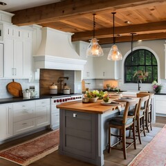15 A cozy, cottage-inspired kitchen with a mix of wooden and floral finishes, a classic range hood, and a mix of open and closed storage5, Generative AI