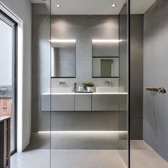 18 A contemporary, minimalist bathroom with a mix of white and metallic finishes, a large, frameless mirror, and a mix of open and closed storage5, Generative AI