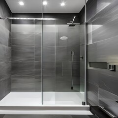 6 A sleek, modern bathroom with a mix of white and glass finishes, a large, frameless shower enclosure, and a mix of open and closed storage1, Generative AI