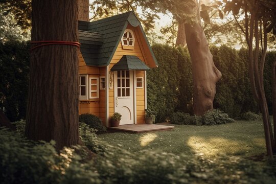 Child's outdoor playhouse in the backyard among the trees. Generative AI