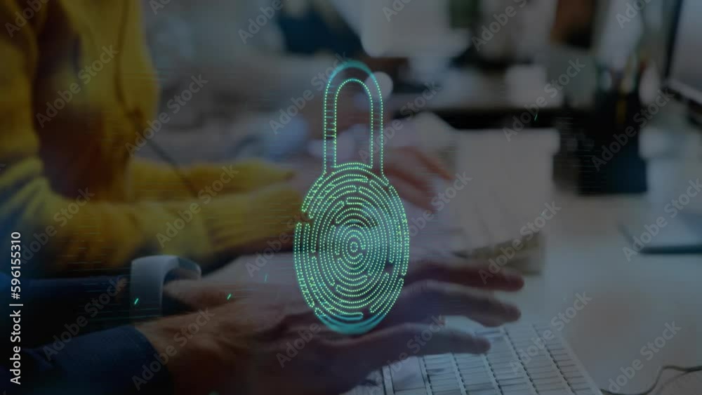 Poster animation of connections with padlock icon over caucasian businesswoman in office