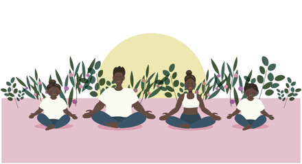 外で植物を背景に座禅を組みヨガをする家族