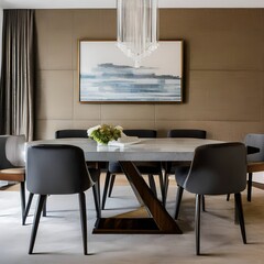 5 A mid-century modern-inspired dining room with a mix of wood and upholstered finishes, a classic chandelier, and a large, formal dining table2, Generative AI