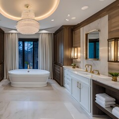 13 A traditional-style bathroom with a mix of wooden and marble finishes, a classic freestanding tub, and a mix of open and closed storage1, Generative AI
