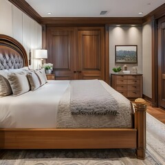 17 A traditional-style bedroom with a mix of wooden and upholstered finishes, a classic wooden bed frame, and a mix of patterned and solid bedding3, Generative AI