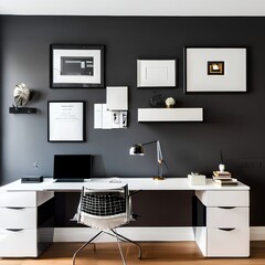 7 A sleek, modern-style home office with a mix of white and black finishes, a large, wall-mounted desk, and a mix of open and closed storage1, Generative AI
