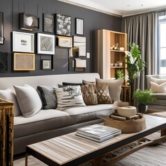 11 A transitional-style living room with a mix of wooden and neutral finishes, a classic gallery wall, and a mix of patterned and solid throw pillows4, Generative AI
