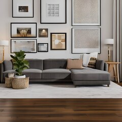 11 A transitional-style living room with a mix of wooden and neutral finishes, a classic gallery wall, and a mix of patterned and solid throw pillows2, Generative AI