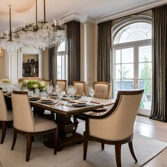 8 A traditional-style dining room with a mix of wooden and upholstered finishes, a classic candelabra chandelier, and a large, formal dining table with seating for eight3, Generative AI