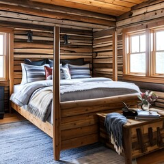 10 A cozy, cabin-inspired bedroom with a mix of wooden and plaid finishes, a classic log bed, and a mix of patterned and solid bedding4, Generative AI
